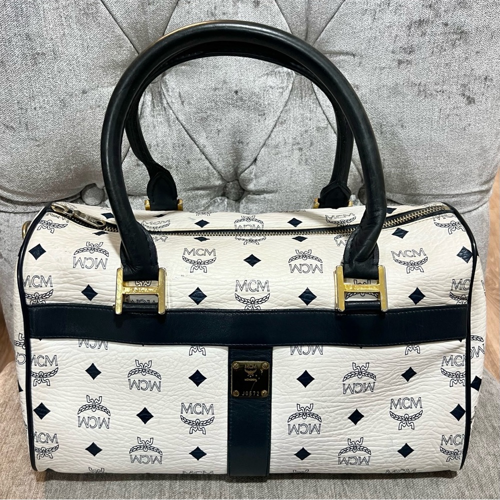 MCM White and Black Logo Satchel
